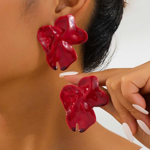 Statement Chunky Gold Large Silver Earrings for Women Trendy, Big Irregular Geometric Dainty Liquid Metal Stud Earrings Simple Prom Party Jewelry Gift - color: Red -Cute