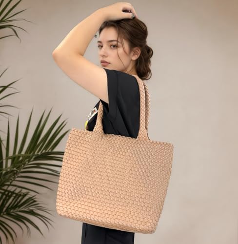 Woven Tote Bag for women,Vegan Leather Woven Satchel Handbag,Shoulder bag with Pouch,Hobo bag fits13-14” laptops - color: Apricot