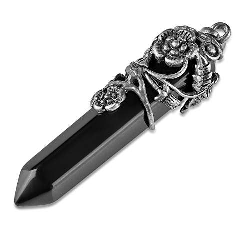 Top Plaza Antique Silver Flower Wrapped Natural Black Agate Healing Crystal Necklace - color: Black Agate