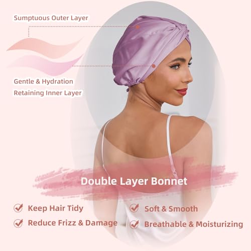 Adjustable Silk Satin Hair Bonnet for Sleeping Women, Double Layer, Silk Hair Wrap for Sleeping Women Men, Curly Natural Braid Straight Unisex - Lavender - color: Lavender