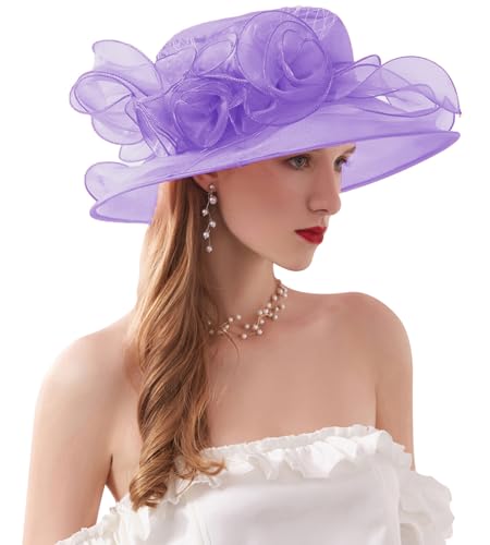 ORIDOOR Women’s Organza Church Tea Party Wedding Fascinator Derby Hat Wide Brim Sun Hats - color: D2-purple