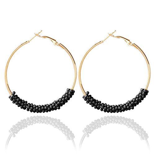 2 Pairs Bohemian Colorful Beads Circle Round Hoop Earrings Gold Hoop Dangle Earrings for Women Vintage Boho Jewelry - color: white black