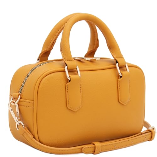 FashionPuzzle Mini PU Leather Satchel Purse Top Handle Crossbody Bag - color: Mustard