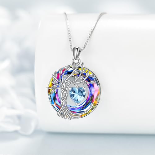 POPLYKE Mothers Day Gifts for Mom Her Wife Tree of Life Necklace 925 Sterling Silver Birthstone Pendant with Crystal Anniversary Birthday Wedding Jewelry for Women - color: 03-Mar-Aquamarine, style: White Gold Plated-Volcano Crystal