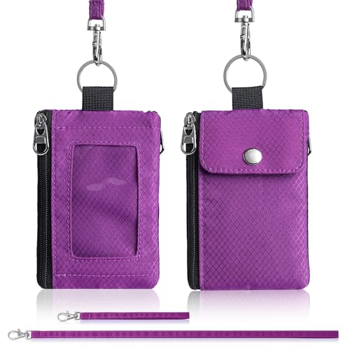 Artpaxy Minimalist Wallet For Mens Womens, Keychain RFID Blocking Zipper Small Wallet with ID Window 2 Lanyards,Water Resistant Travel Cash Card Coin Case Boys Girls - color: Purple, style: Casual