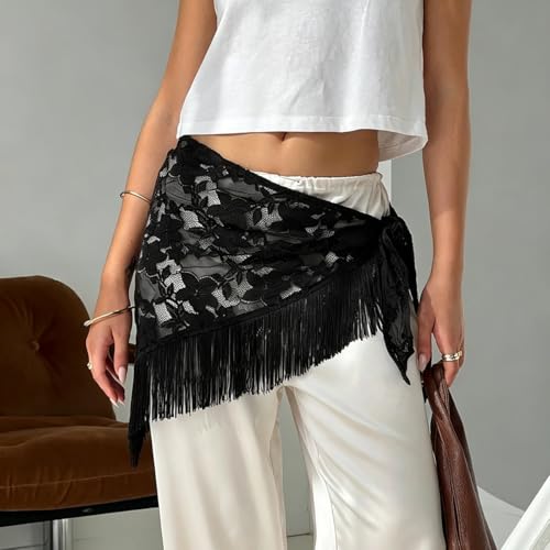 Women Y2K Lace Fringe Hip Scarf Boho Triangle Tassel Waist Cover Up Skirt Wrap Sheer Tie Belt Aesthetic Streetwear - color: D Black
