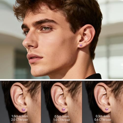 Moissanite Stud Earrings, G23 Hypoallergenic Titanium Stud Earrings for Women Men, Round Cut D Color VVS1 Clarity 18K White Gold Palted Multicolor Moissanite Jewelry, 0.6CT-3.0CT - color: Pink, size: (0.3ct*2)-4mm-0.6 Carat