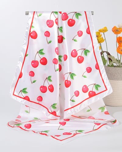 AWAYTR 35” Square Satin Head Scarf Hair Scarf for Women's Hair Silk Bandana for Women Silk Head Wrap for Sleeping - color: Cherry White