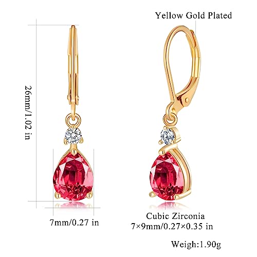 CiNily Teardrop Leverback Dangle Earrings for Women Hypoallergenic 14K Gold Plated Cubic Zircon Drop Earrings Fashion Crystal Earrings for Girls Jewelry Christmas Gifts - color: Red CZ-Gold