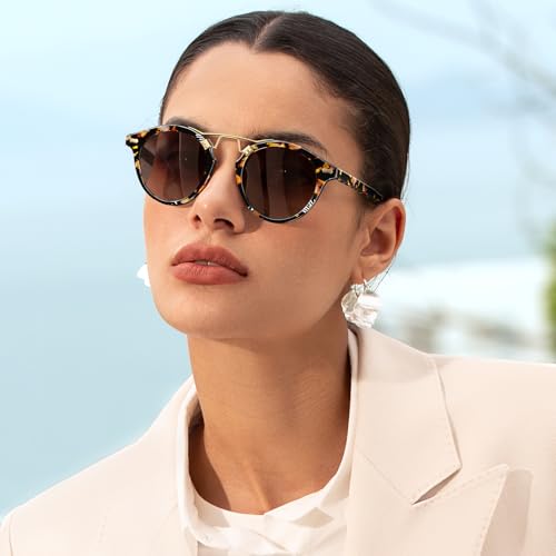 CARFIA Double Bridge Small Acetate Sunglasses for Women Polarized, Retro Metal Brow Ladies Sunnies Fashion Round Eyewears - color: 3. Tortoise Frame Gradient Brown Lens