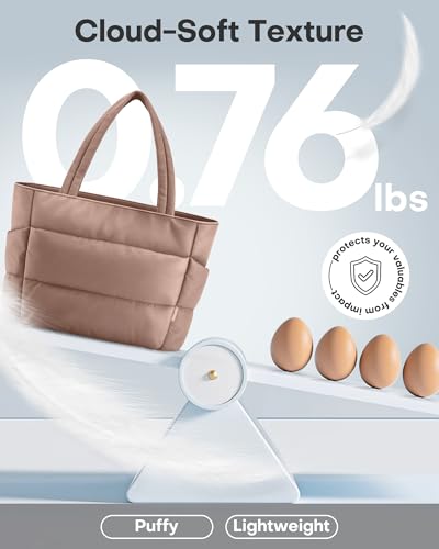 HOTOR Puffer Tote Bag for Women, Nurses - Multi-Pocket Lightweight Bag for Work - Quilted Handbag for Travel and Gym - color: Brown, size: 18.1" × 6.3" × 11.8"
