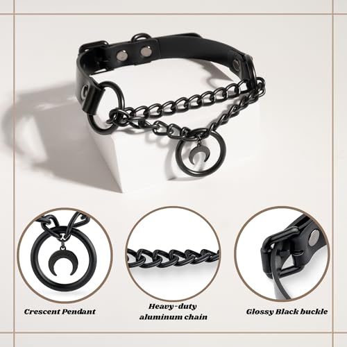 Black Gothic Chain Choker with O-ring and Moon Pendant, Punk Grunge Emo Leather Necklace For Women