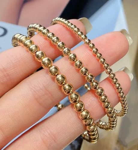 Gold Beaded Bracelets for Women, 14K Real Gold Plated Jewelry for Women Dainty Pearl Bead Bracelets Stack, Non Tarnish Trendy Stackable Ball Cross Stretch Bracelet Set Fashion Accessories Gifts - color: Gold stretch bead