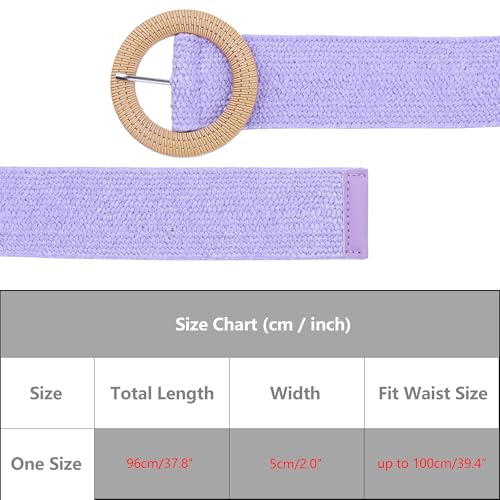 Women's Cotton and Linen Style Plastic Straw Braided Belt Circle Buckle for Dresses - color: Purple