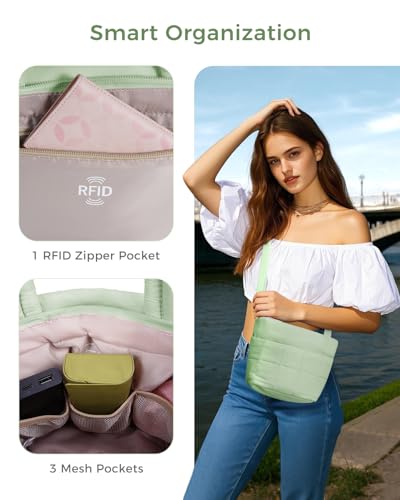 ECOHUB Crossbody Bags for Women Small Puffer Tote Mini Shoulder Handbags RFID Anti Theft CrossBody Purse Travel Casual Wallet - color: Mint Green