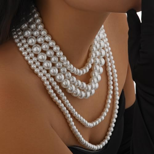 Layered Pearl Necklaces for Women Big Pearl Long Chain Necklace Dainty Faux Pearl Necklaces Statement Sweater Strand Chain Jewelry - style: 5Layer