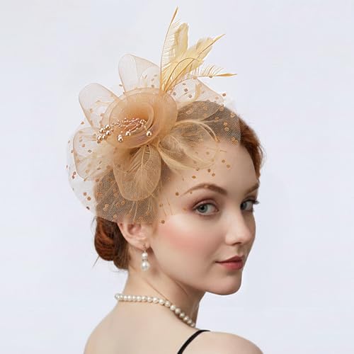 DRESHOW Fascinators Hat Flower Mesh Ribbons Feathers on a Headband and a Clip Tea Party Headwear for Girls and Women - color: 7" Diameter / Gold