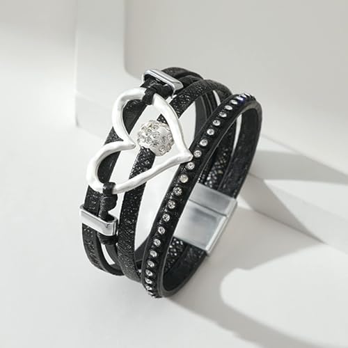 Long tiantian Leather Bracelets for Women Warp Bracelet Stackable Boho Layered Bracelet Chunky Heart Trendy Birthday Gifts for Her - color: A3:Boho Jewelry for Women (Black)