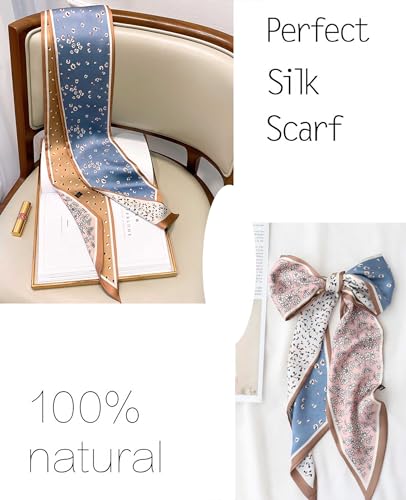 kcctoo 59" Mulberry Silk Like Head Scarf Women's Fashion Square Neck Satin Scarfs for Bag Hair Scarves Gift 59 * 5.9” - color: A012-blue Powder Coffee Bean Flower/59"x5.9"