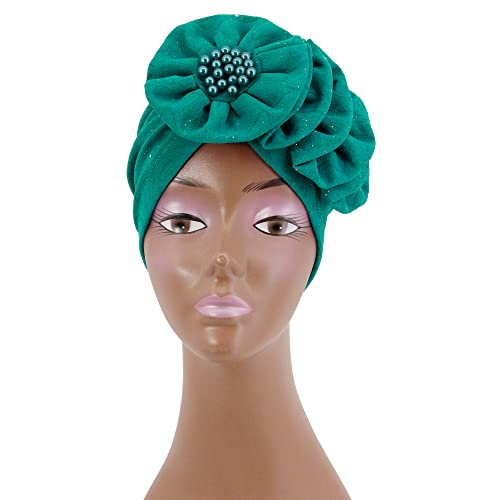 Erinaco Women Sparkle Sequin African Turban Bow Knot Pre-Tied Cap Pleated Ruffle Bonnet Beanie Hat Headwrap Skull Caps - color: Beaded Green