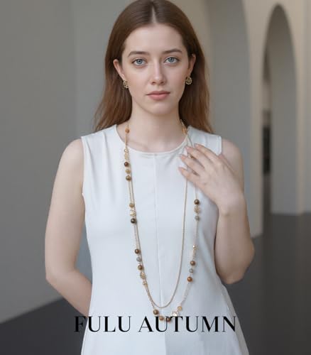 FULU AUTUMN Boho Gold Long Necklaces for Women Natural Stone Beaded Layered Long Necklace Mothers Day Gifts Dainty Flower Costume Jewelry for Women - color: Brown