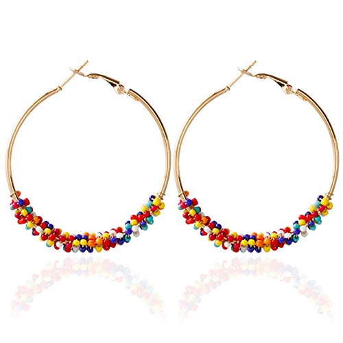 2 Pairs Bohemian Colorful Beads Circle Round Hoop Earrings Gold Hoop Dangle Earrings for Women Vintage Boho Jewelry - color: pink colorful