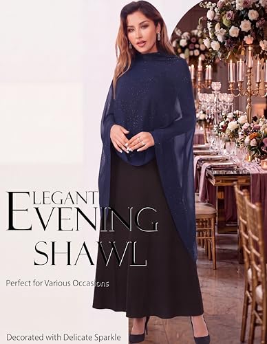 Shawls and Wraps for Evening Dresses Sheer Chiffon Women Elegant Soft Silky Sparkly Wedding Bridal Scarf - color: Navy B