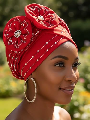 Woeoe Beanie Cap Head Wrap Black Rhinestones Head Scarf Flower Pearls Twisted Head Turban for Women Girls - color: Red