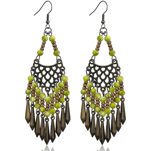 Handmade Vintage Bronze Bohemian Long Tassel Colorful Bead Dangle Drop Earrings Big Tribal Chandelier Geometry Hook Earrings for Women Statement Jewelry Gifts - color: Bright Green