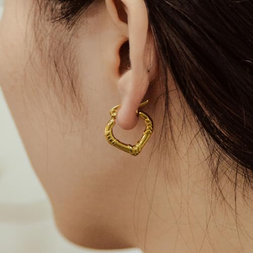 18K Gold Plated Bamboo-Textured Heart Hoop Earrings – Vintage Tribal Style Lightweight Earrings for Women