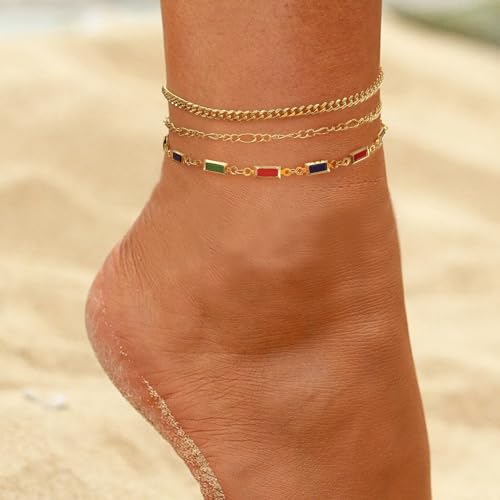MIDEEO Gold/Silver Ankle Bracelets for Women,14K Gold Anklets for Women Waterproof Cuban Link Heart Beads Herringbone Rhinestone Anklets Set Layered Anklet Bracelets for Women Gold Jewelry Gift - style: 3Pcs Anklets E-Gold