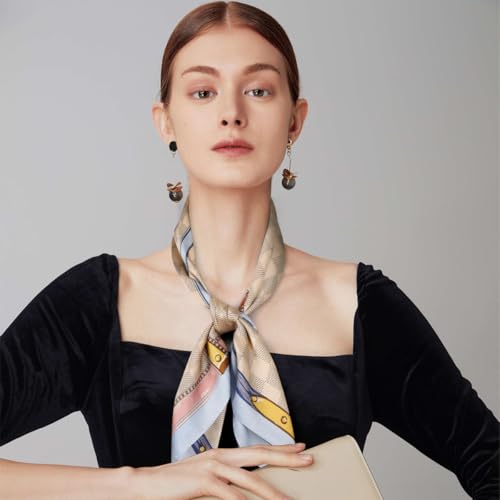 Relang Fashion Silk Satin Head Scarf for Women Hair Bandana Hair Scarf Wrap Neck Scarf for Women 27.5×27.5 inches - color: Beige Plaid With Blue Trim