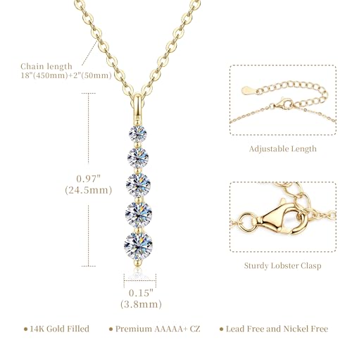 Moissanite Drop Pendant Necklace for Women, 0.92 CT 14K Gold Filled 5-Stone Round Pendant, Trendy Jewelry Gift for Wife Mother Birthday Anniversary Valentines Wedding - color: Gold