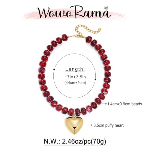 WOWORAMA Chunky Heart Necklaces for Women Colorful Resin Beaded Choker Necklace Gold Puffy Heart Statement Necklace Trendy Acrylic Choker Jewelry - color: Wine-Red