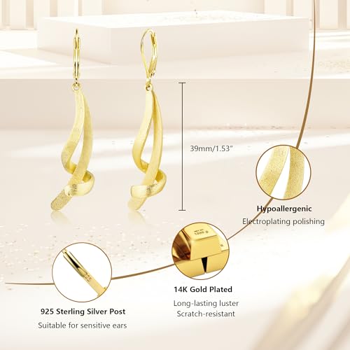 ALEXCRAFT Twisted Silver Dangle Earrings, Hypoallergenic Elegant Lightweight 14k Gold Plated Long Brushed Twisted Tassel Dangling Drop Leverback Earrings for Women Trendy Statement Jewelry in Box - color: Brushed_Gold