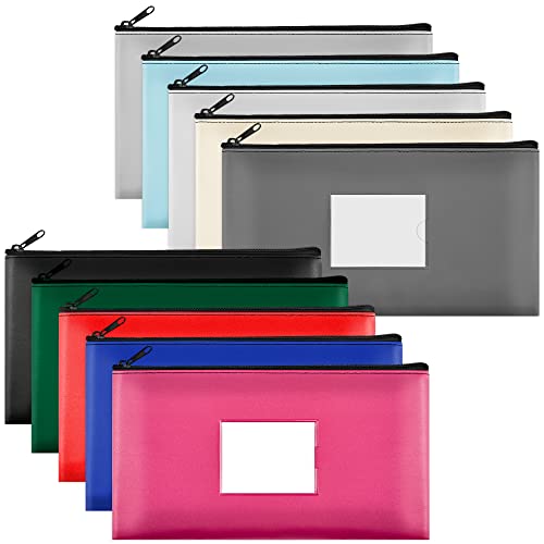 SMARTAKE 10-Pack Bank Deposit Money Bags with Zipper, 10 Colors Leather Bags Wallet Pouches with Label, Makeup Bags, for Cash, Coins, Cosmetics, Invoice, Bills, Tools, 11.5 x 6.2 Inches - color: Classic Colors