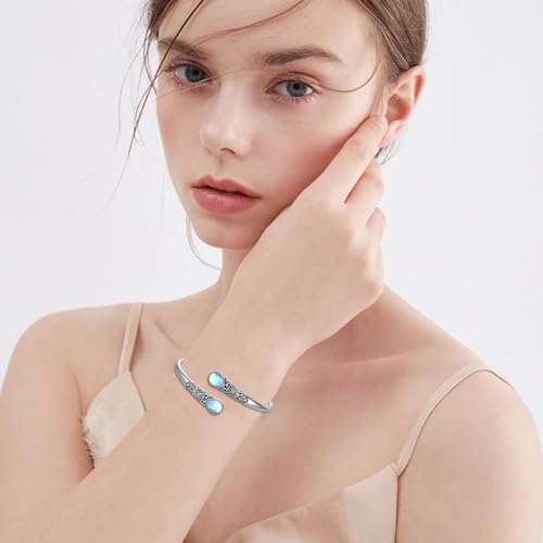 925 Sterling Silver Genuine Gemstone Bracelet for Women Men Handmade Adjustable Boho Navajo Style Bangle Cuff Natural Stone Jewelry Gift - color: Moonstone