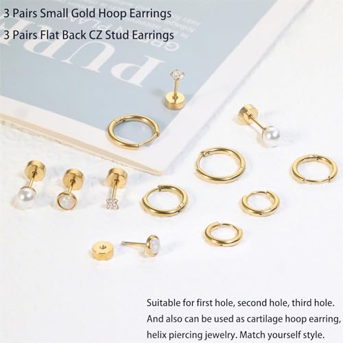 Dainty 6 Pairs Surgical Steel Earrings Sets for Multiple Piercing, Lightweight 14K Gold Plated Small Huggie Hoop Earrings, Flat Back Tiny Ball CZ Stud Earrings for Cartilage, Helix, Lobe, Hypoallergenic - style: 14K Gold- Hoops and Pearl Opal CZ Studs