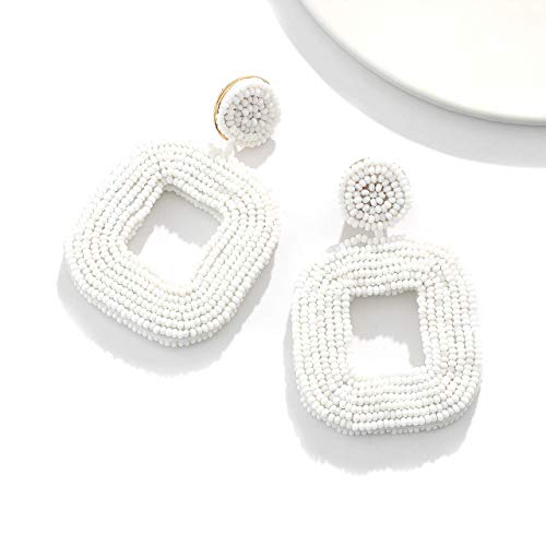 Beaded Drop Earrings Multicolored Seed Bead Earrings for Women Bohemia Statement Square Bead Hoop Dangle Earrings for Wedding Party Vacation - color: E White