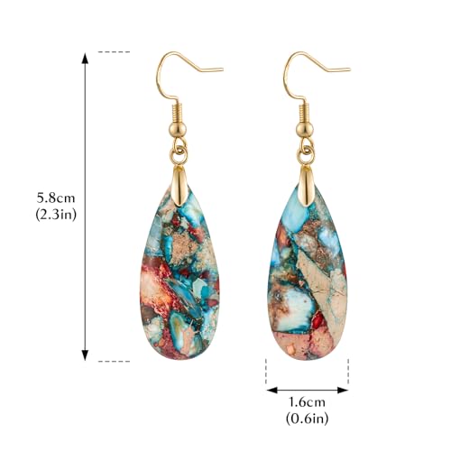 Stone Drop Earrings for Women Earrings Teardrop Jasper Stone Dangle Earrings - color: Blue&Red-Golden Hook