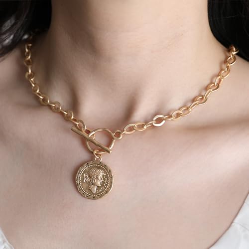 Chunky Gold Coin Necklace for Women Silver and Gold Chain Pendant Necklaces 18 Inch Antique Toggle Thick Link Fashion Jewelry Gift for Women - style: Worn Gold-F