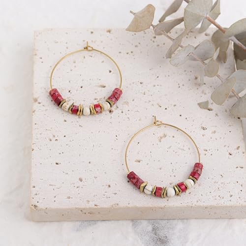 Natural Stone Beaded Hoop Earrings for Women, Boho Handmade Lightweight Hypoallergenic Trendy Summer Beach Accessories Fashion Jewelry Gift - color: red