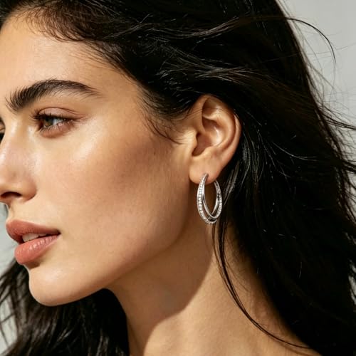 Parmuz 925 Sterling Silver Earrings Hoops for Women Ladies Simple Lightweight Twisted Medium Hoop Earrings With Cubic Zirconia Hypoallergenic Jewelry for Her - color: Big three circles earring