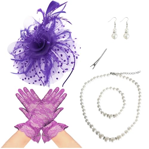 Fascinators Hat Pearl Earrings Necklace Bracelets Gloves 1920s Headband Hair Clips Women Flower Mesh Feather Headpiece Headwear Halloween Carnival Cocktail Wedding Tea Party Accessories Purple - color: Purple