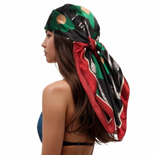 RIIQIICHY Head Scarf for Women Like Silk Scarf Hair Scarf Printed Square Scarf Bandanas for Women 35 Inches - color: Black/Red/Green/Gold
