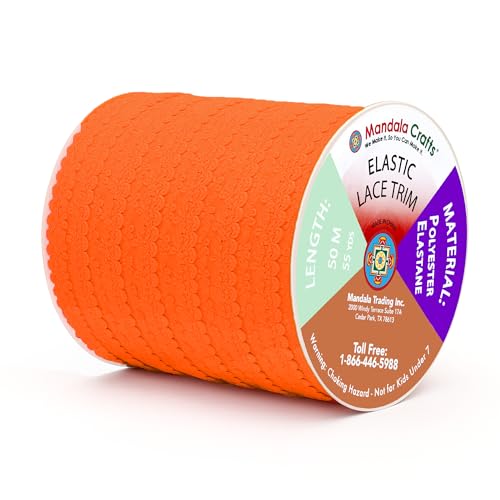 Mandala Crafts Orange Stretch Lace Soft Elastic Trim Roll - 55 Yards 1 Inch Wide Stretchy Frilly Picot Ribbon for Sewing Lingerie, Headbands, Underwear, and Crafts - color: Orange
