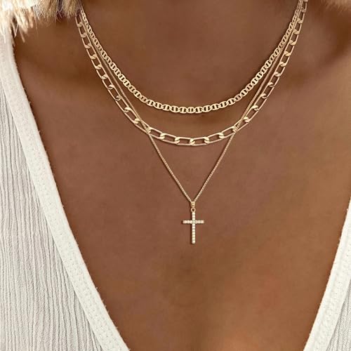Layered Gold Necklaces for Women Dainty 14k Gold/Silver Plated Stackable Choker Necklaces Trendy Cuba Cross Circle Pendant Necklaces Set Jewelry Gifts for Women