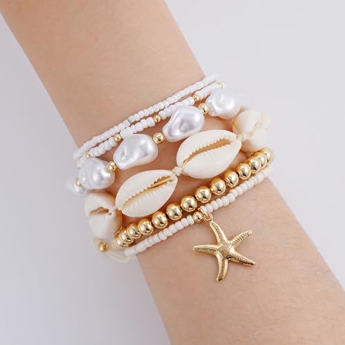 Shell Bracelet Seashell Boho Beaded Stretch Bracelets for Women Summer Beach Bracelets Starfish Charm Bracelet Stackable Gold Plated Bracelets Set for Women - color: a-shell bracelet