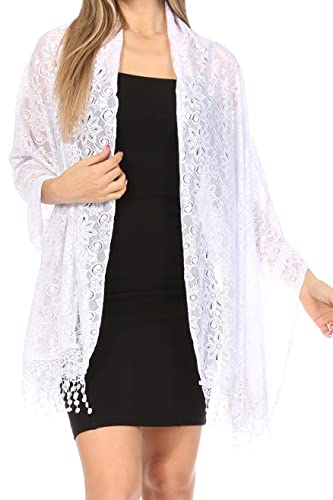 Sakkas Mari Women's Large Lightweight Soft Lace Scarf Wrap Shawl Floral and Fringe - color: Style8-white
