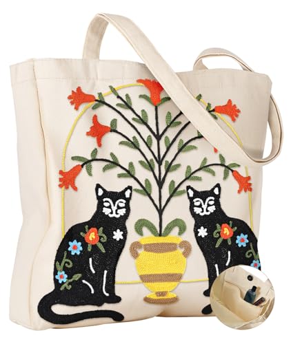 Miss Adola Embroidery Tote Bag with Pocket & Buckle - Reusable Canvas Tote for Women Cute Aesthetic Work Shopping Grocery Bag - style: Cat